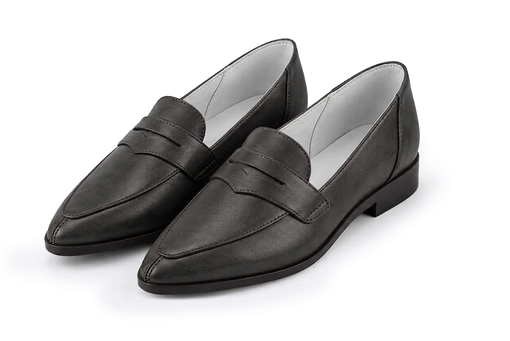 Women's charcoal gray classic penny loafers with almond toe and chunky rubber lug sole - Front view
